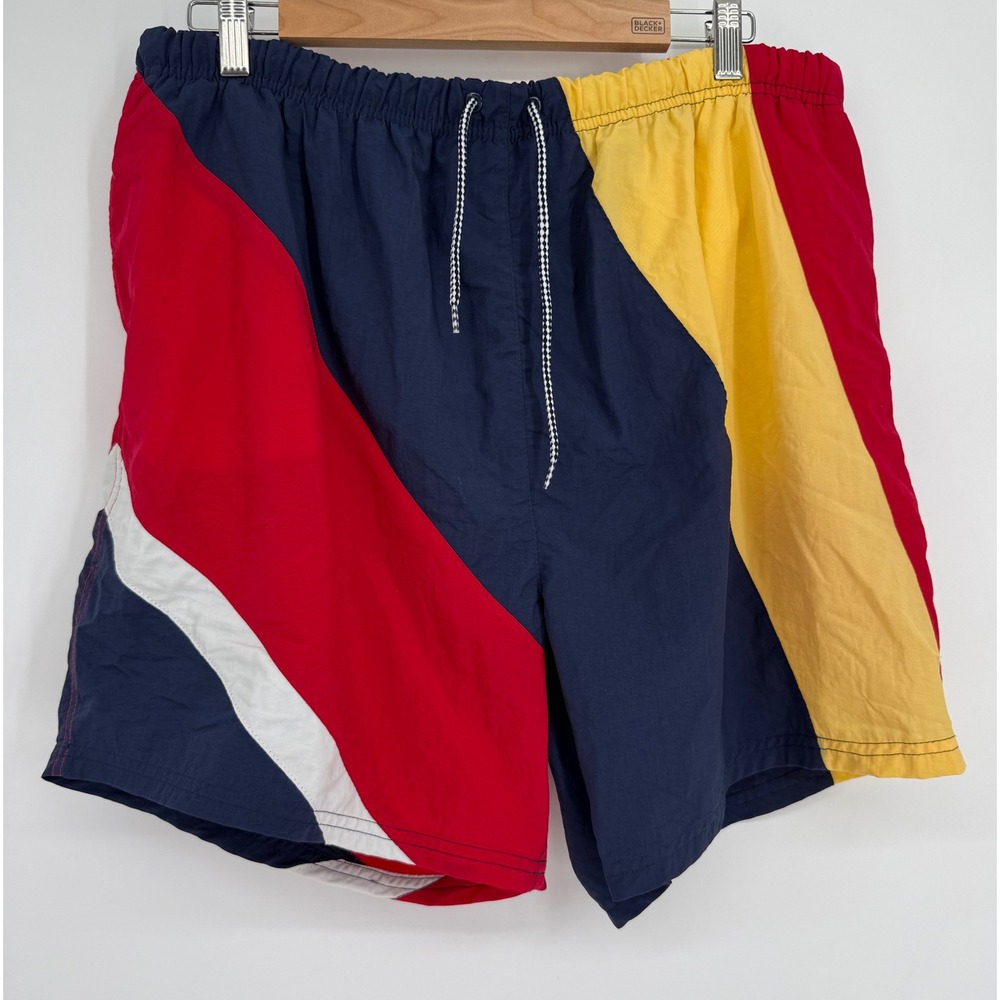 Merona Mens Swim Trunks Navy Red Yellow‎ Vintage Mesh Lined Shorts Sz XL